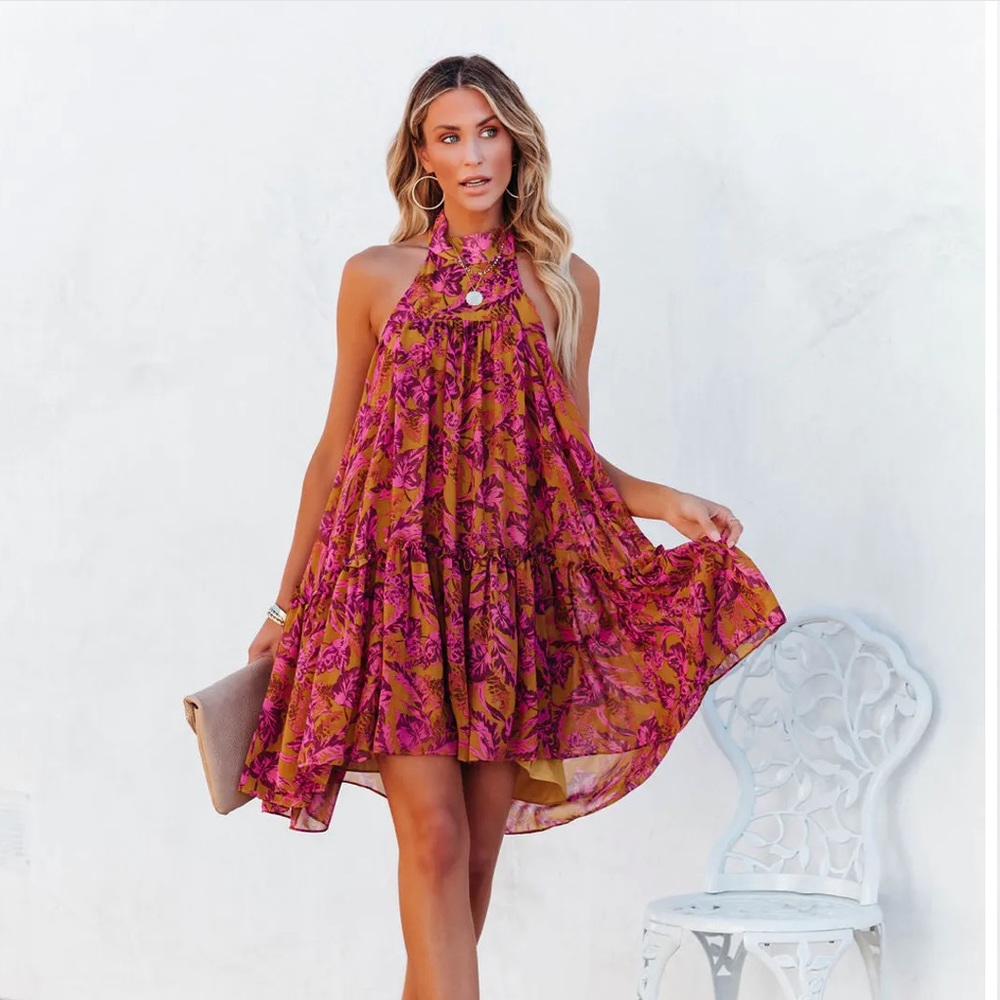 PLUM FLORAL BACKLESS HALTER MINI DRESS